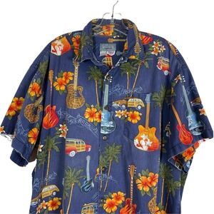 Vintage Hawaiian Shirt Mens XL Guitar Woody Print Blue